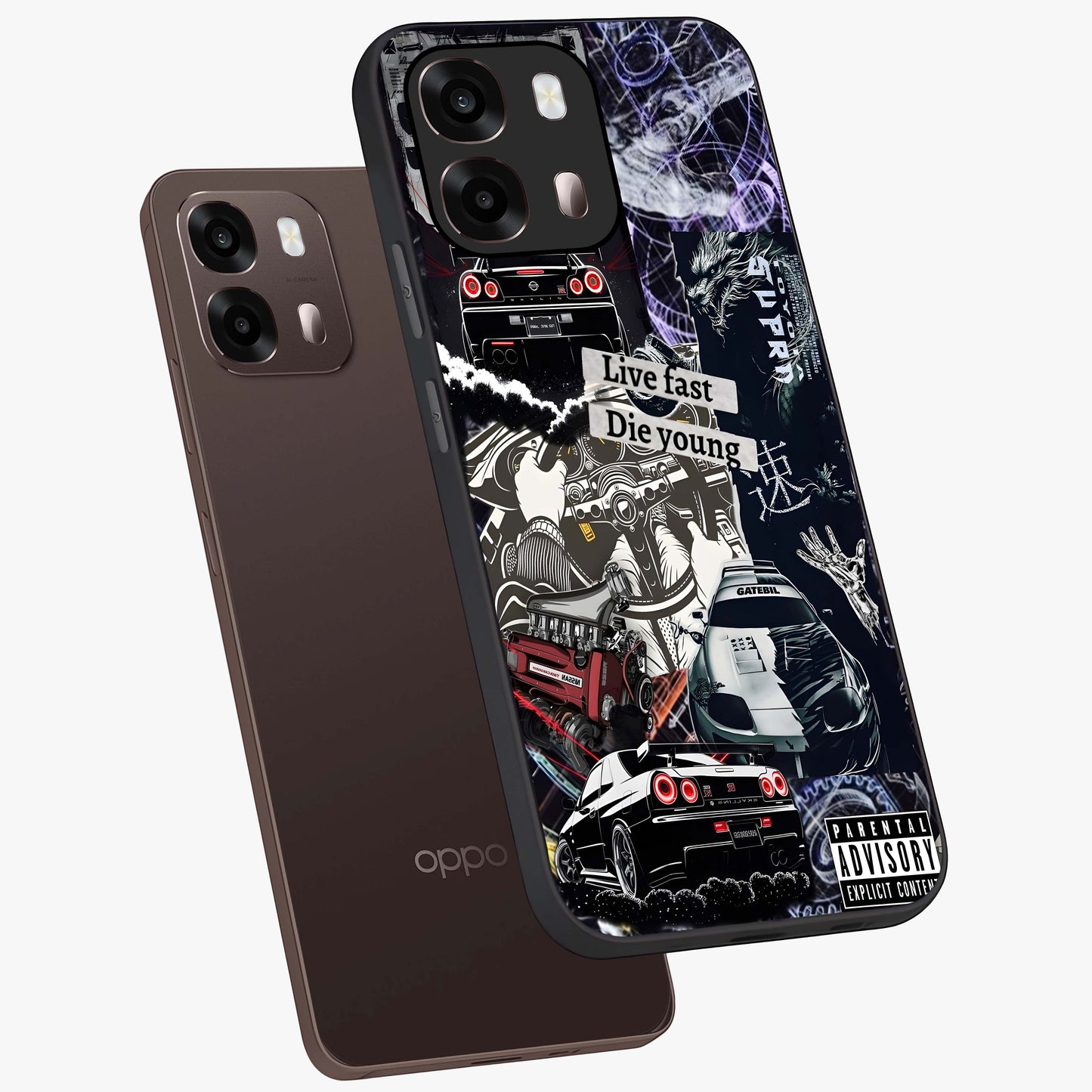 Die Young Glass Case displayed in angled mockup highlighting expressive graphic artwork with edgy aesthetic style.