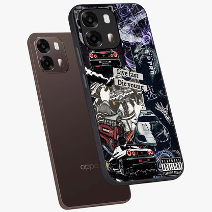 Die Young Glass Case displayed in angled mockup highlighting expressive graphic artwork with edgy aesthetic style.