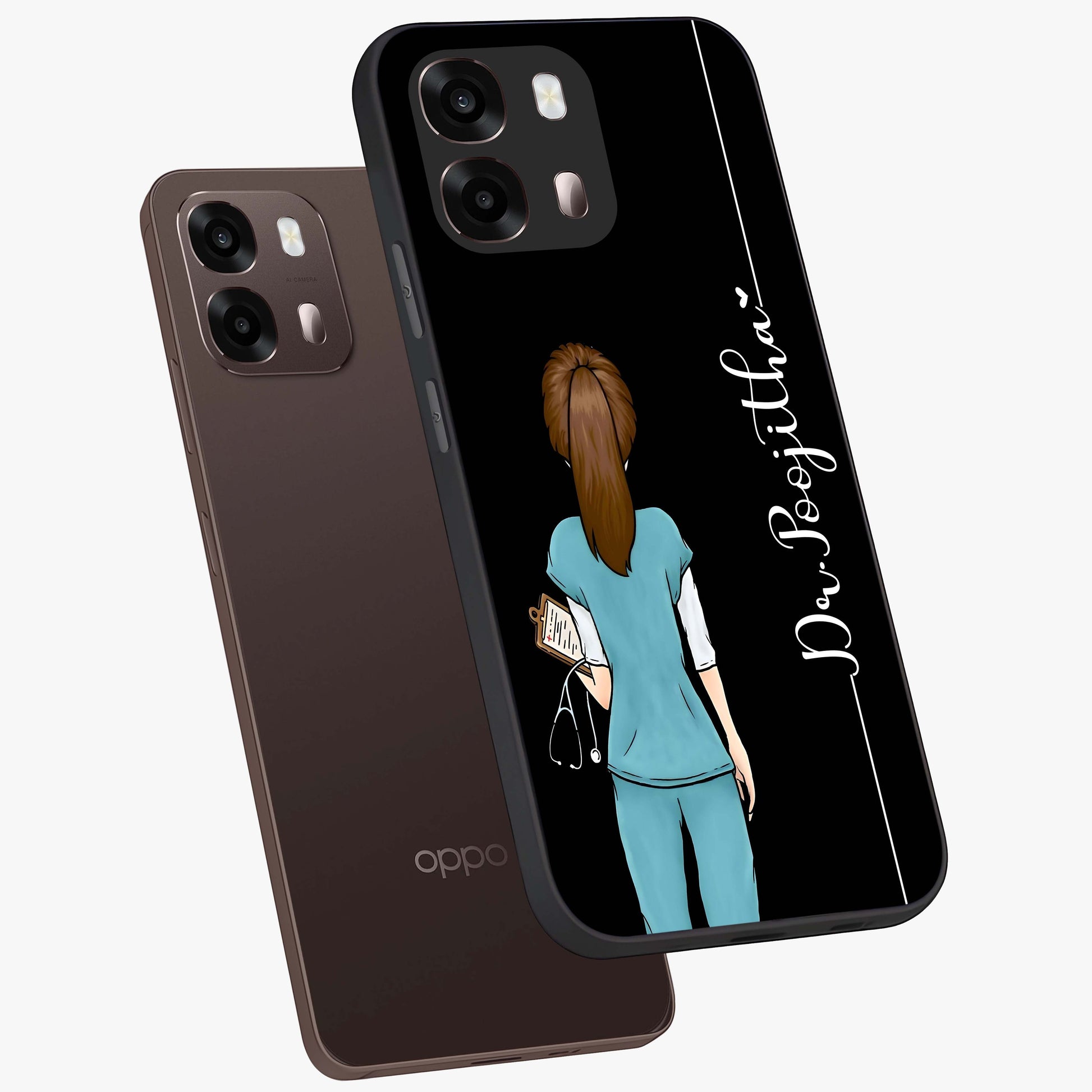 Doctor Pattern Custom Name Glass Case displayed in angled mockup highlighting doctor inspired artwork with custom name feature.