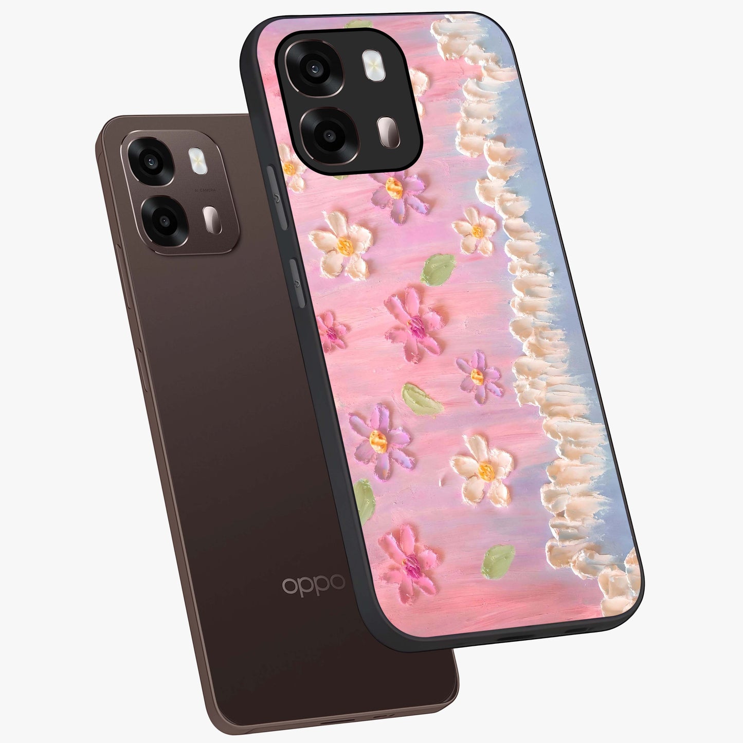 Dreamy Painted Garden Glass Case displayed in angled mockup highlighting colorful garden illustration with dreamy aesthetic style.