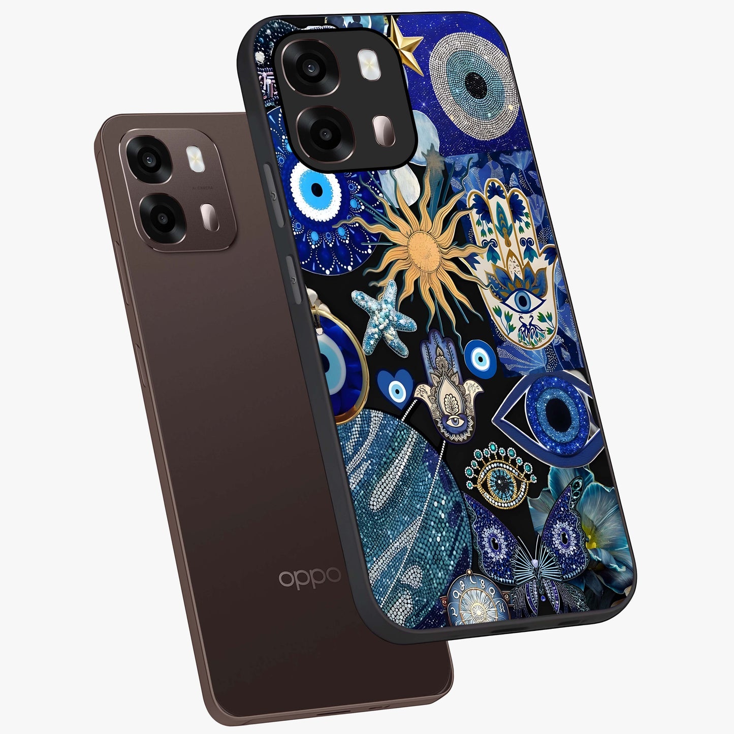 Evil Eye Charm Mix Glass Case displayed in angled mockup highlighting protective evil eye symbols with spiritual aesthetic design.