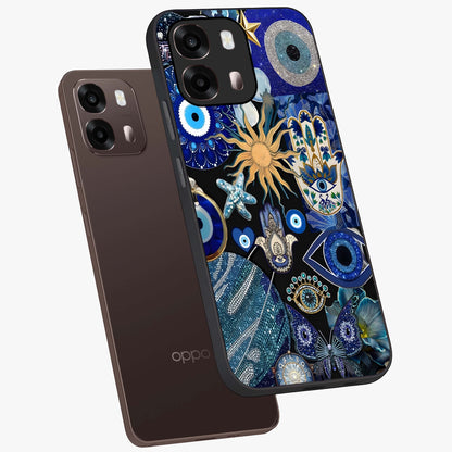 Evil Eye Charm Mix Glass Case displayed in angled mockup highlighting protective evil eye symbols with spiritual aesthetic design.