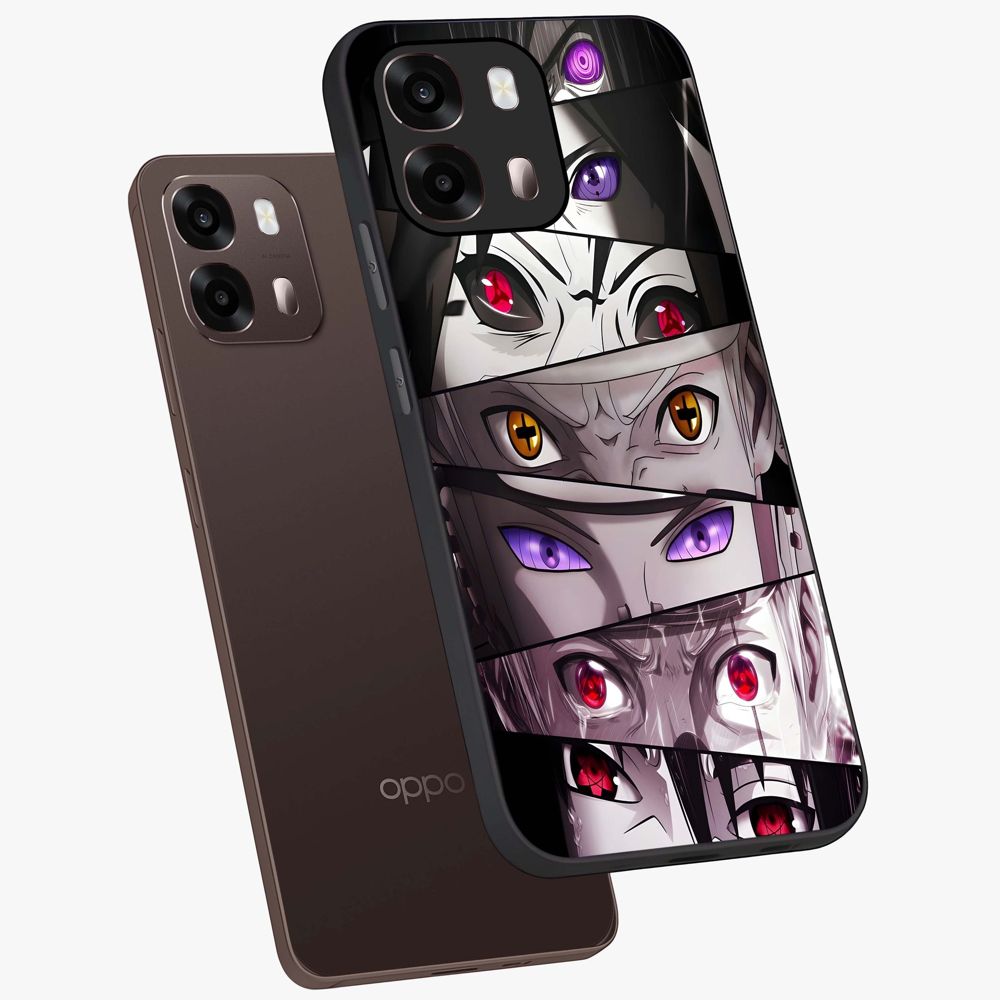 Eyes of Destiny Glass Case displayed in angled mockup highlighting bold eye illustration with mystical aesthetic style.
