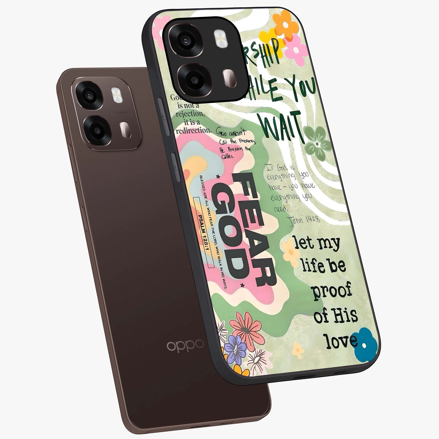 Faith Over Fear Glass Case displayed in angled mockup highlighting inspirational message design with modern aesthetic style.