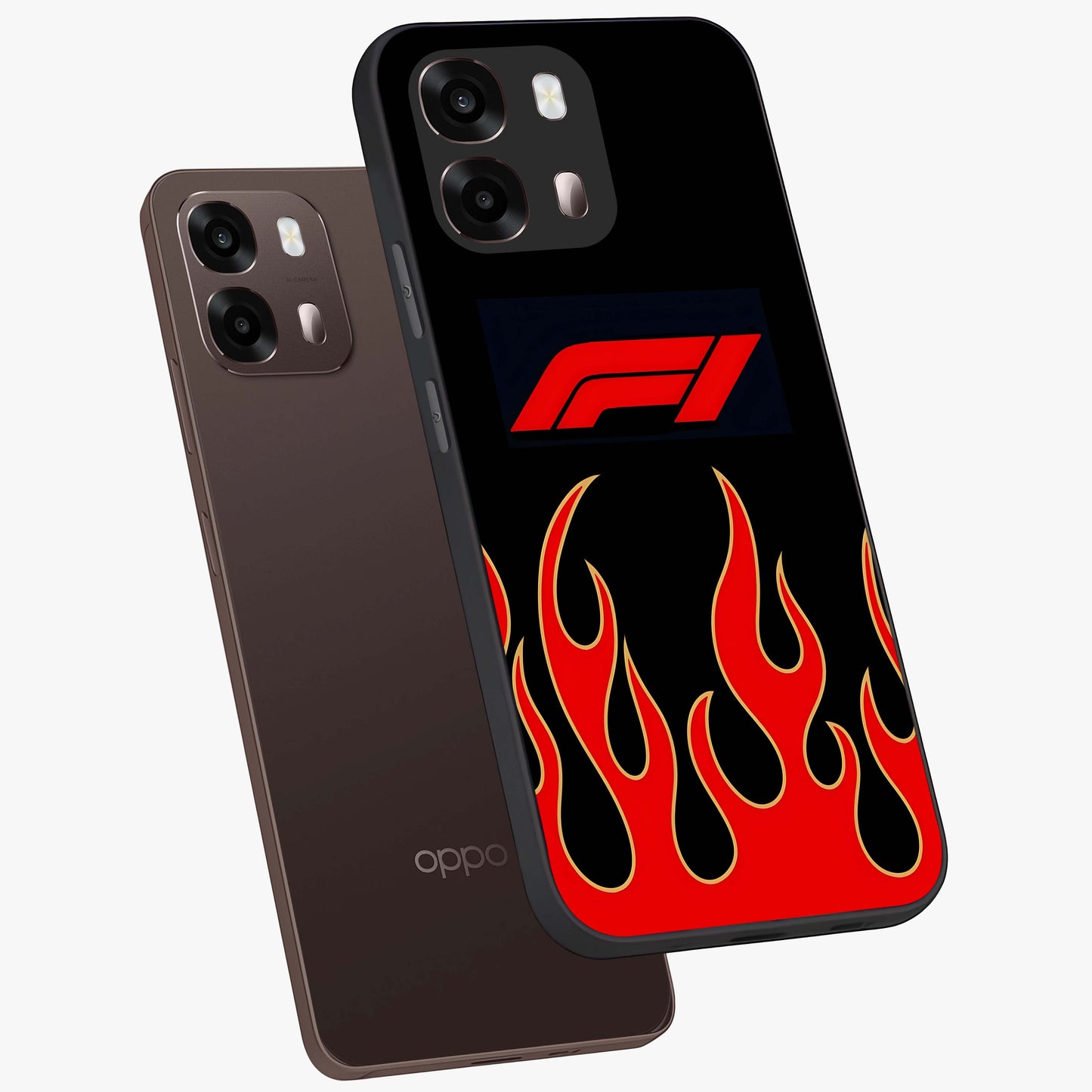Fire F11 Glass Case displayed in angled mockup highlighting bold fire inspired graphic with energetic aesthetic style.