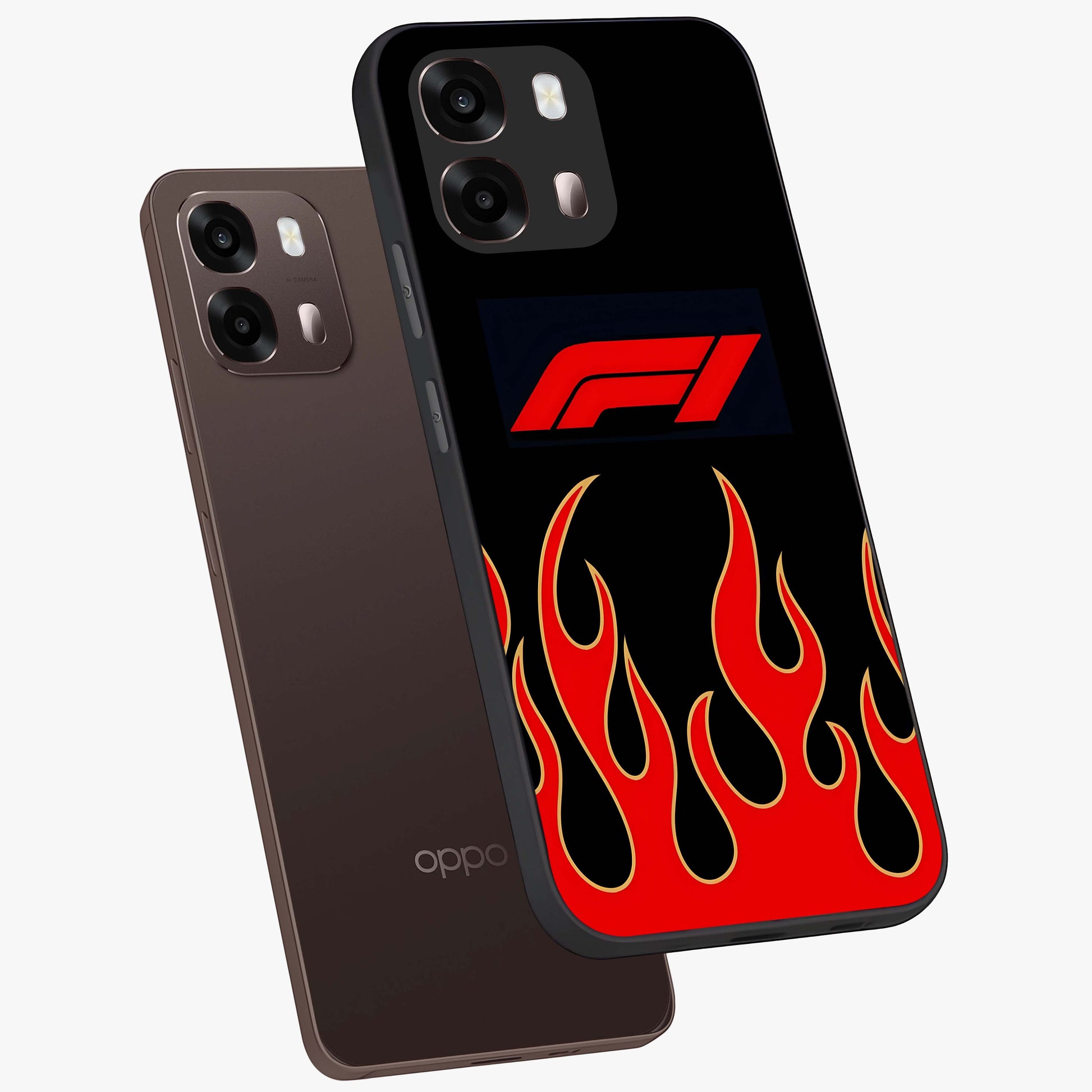 Fire F11 Glass Case displayed in angled mockup highlighting bold fire inspired graphic with energetic aesthetic style.