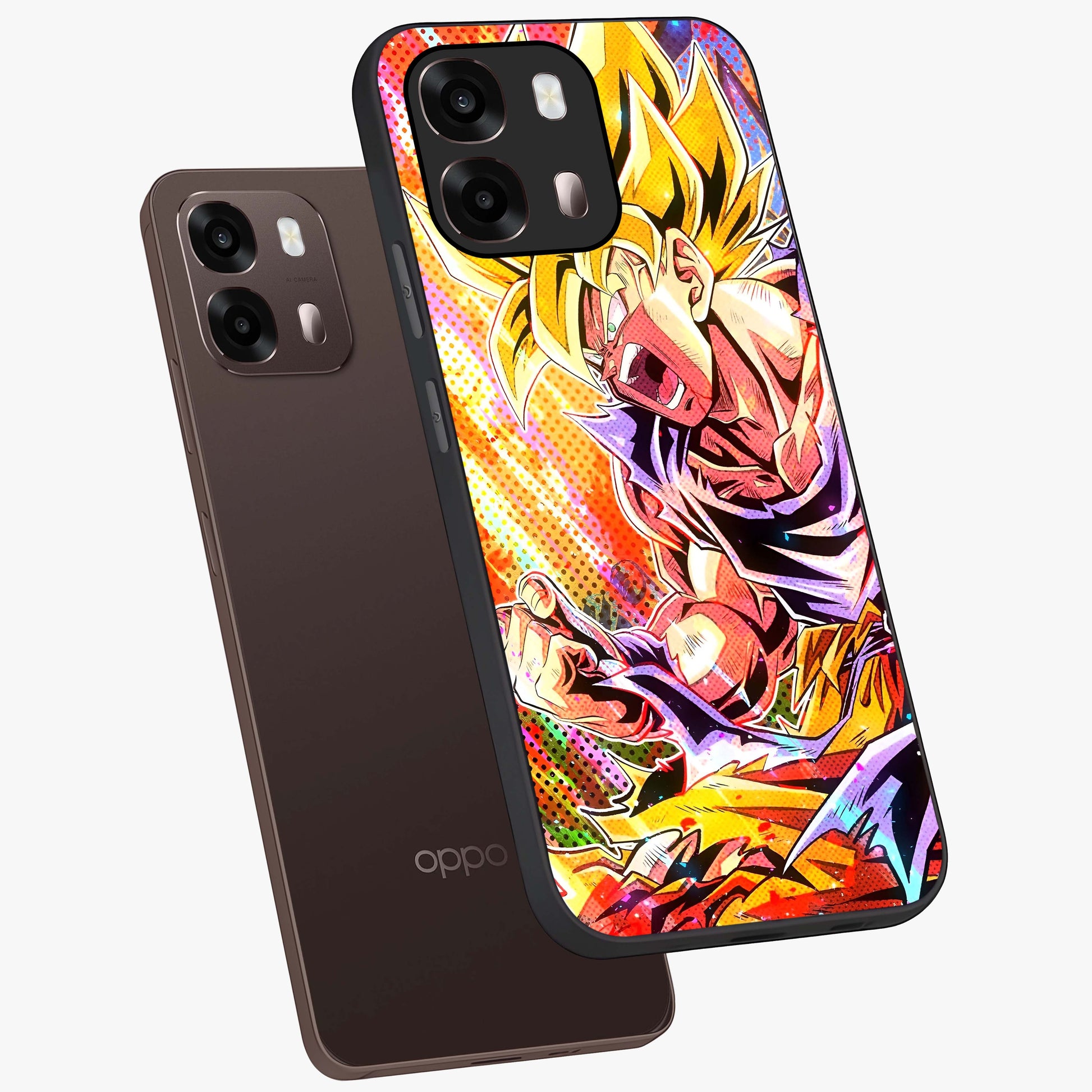 Firing Goku Glass Case displayed in angled mockup highlighting dynamic anime character design with action aesthetic.