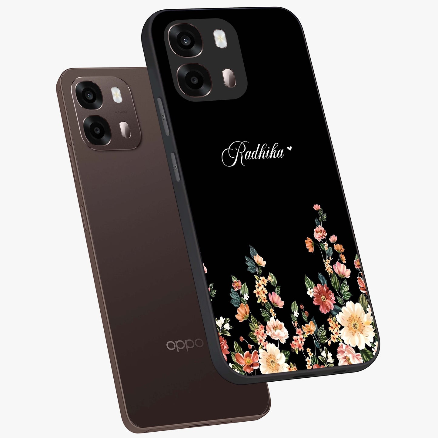 Floral Design With a Custom Personalized Name Glass Case displayed in angled mockup highlighting elegant floral pattern with custom name feature.