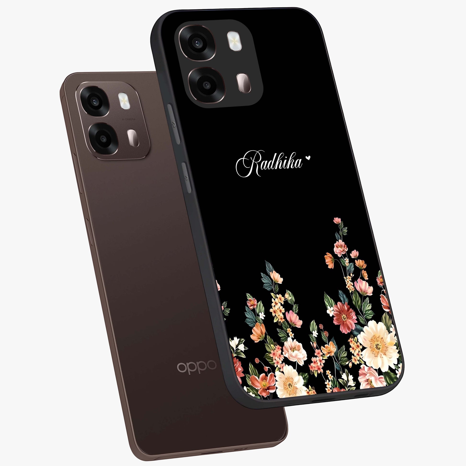 Floral Design With a Custom Personalized Name Glass Case displayed in angled mockup highlighting elegant floral pattern with custom name feature.