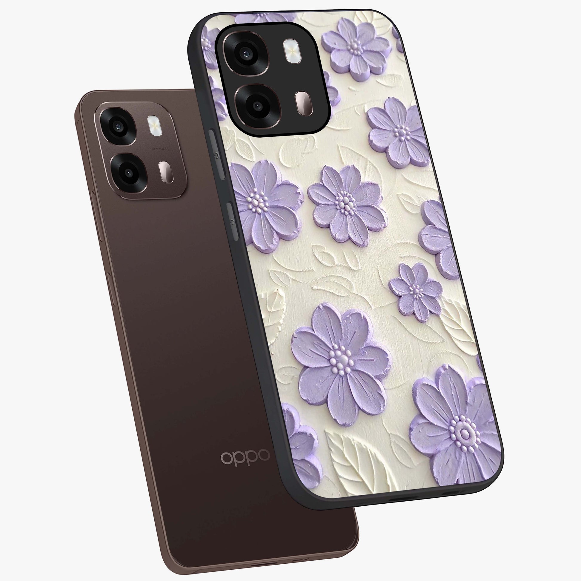 Floral Wall Art With Purple Flowers Glass Case displayed in angled mockup highlighting vibrant purple floral illustration with artistic aesthetic.