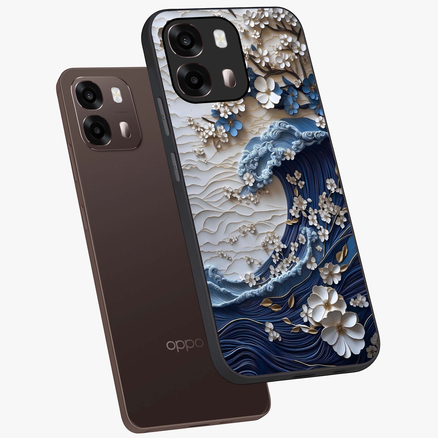 Floral Wave Origami Glass Case displayed in angled mockup highlighting geometric origami flower design with modern aesthetic style.