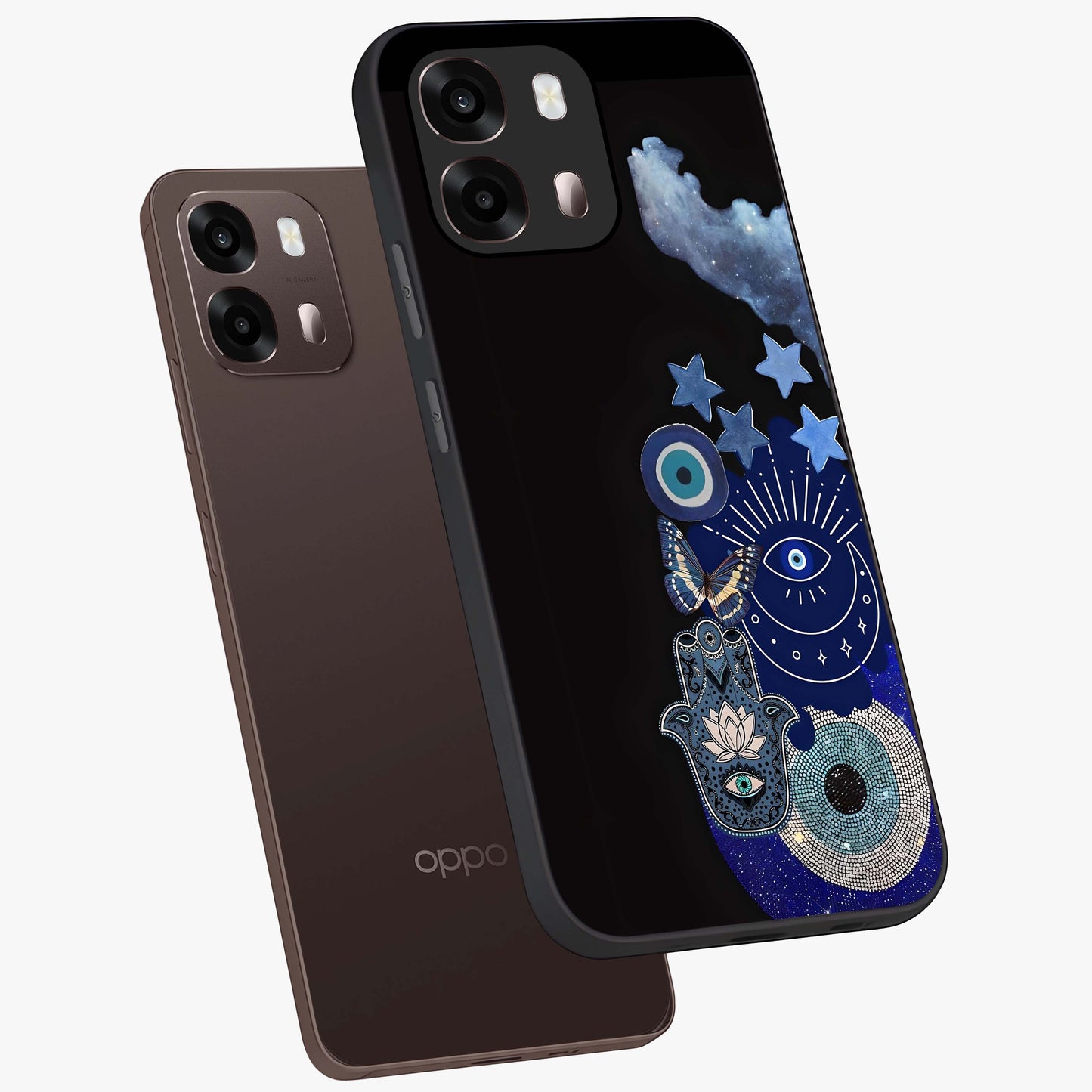 Galactic Charm Cluster Glass Case displayed in angled mockup highlighting luminous galaxy inspired design with dreamy aesthetic.