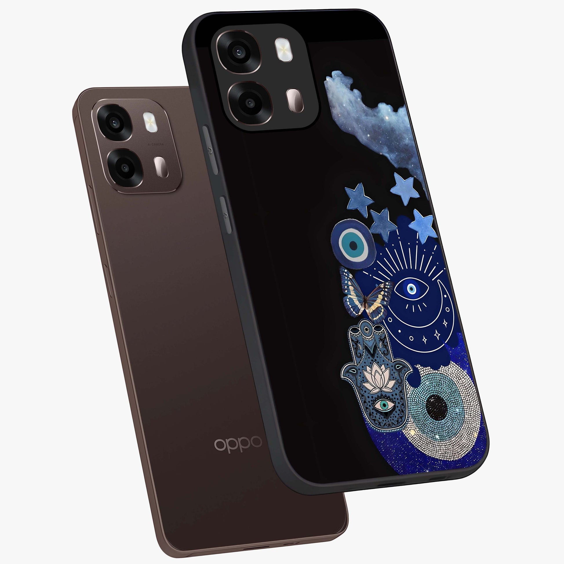 Galactic Charm Cluster Glass Case displayed in angled mockup highlighting luminous galaxy inspired design with dreamy aesthetic.