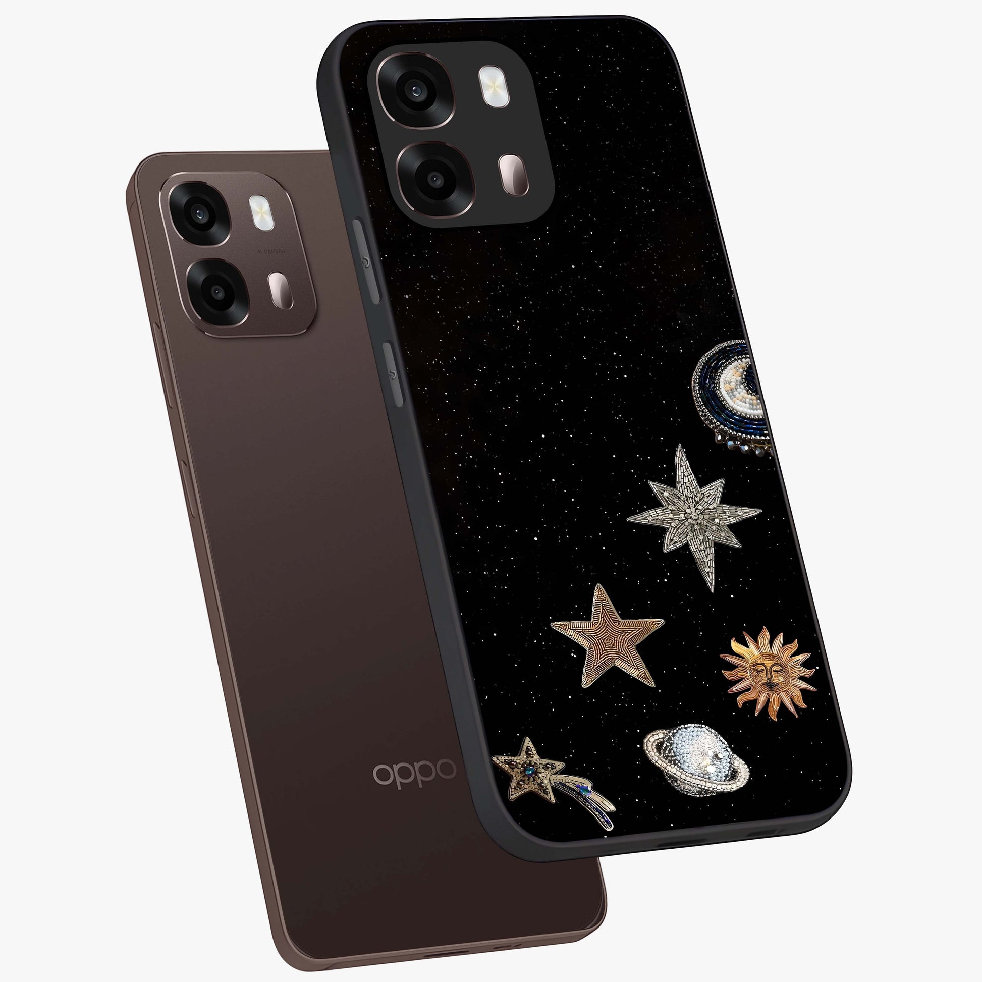 Galactic Charm Glow Glass Case displayed in angled mockup highlighting luminous galaxy inspired design with dreamy aesthetic.