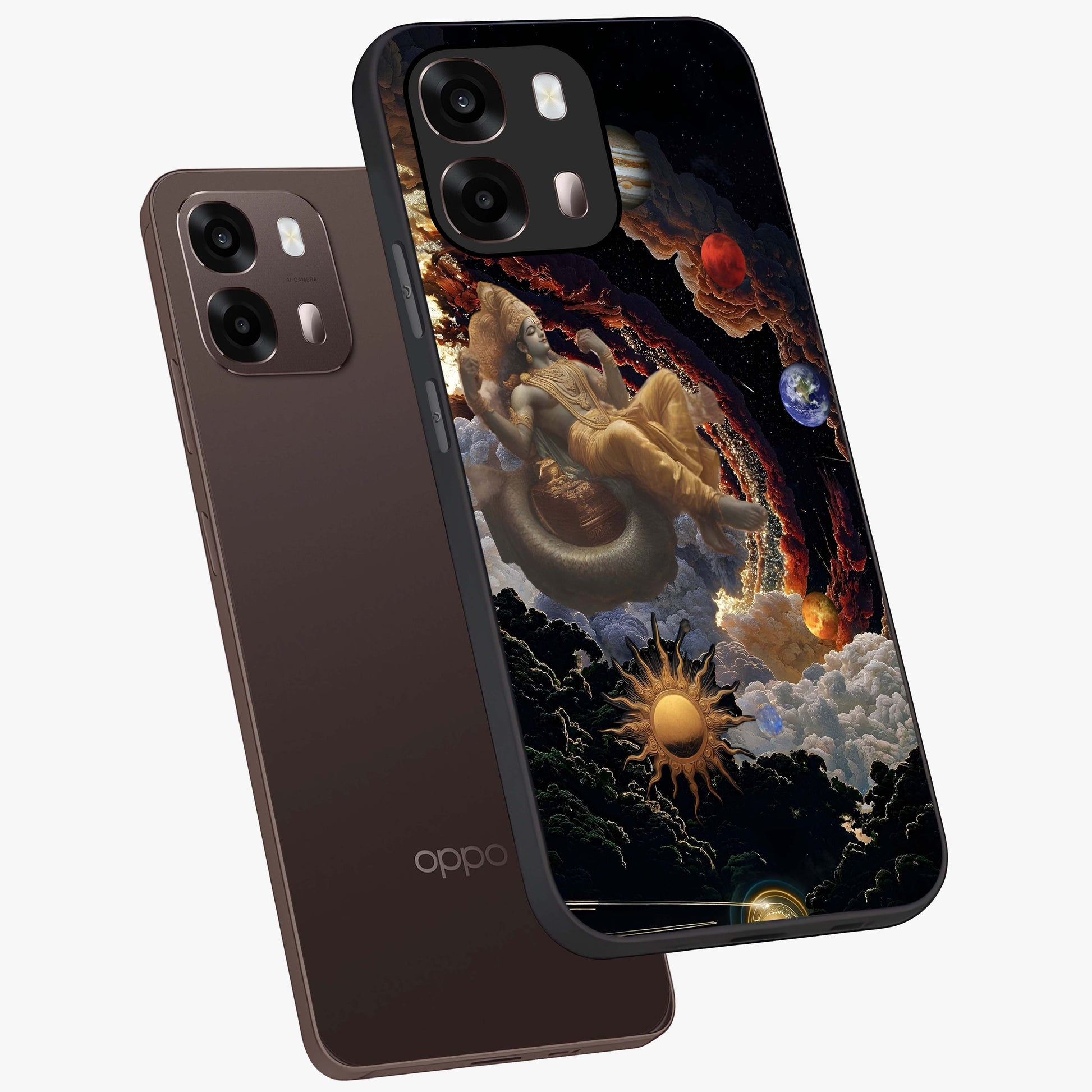 Galactic Divine God Glass Case displayed in angled mockup highlighting powerful celestial deity illustration with galactic aesthetic.