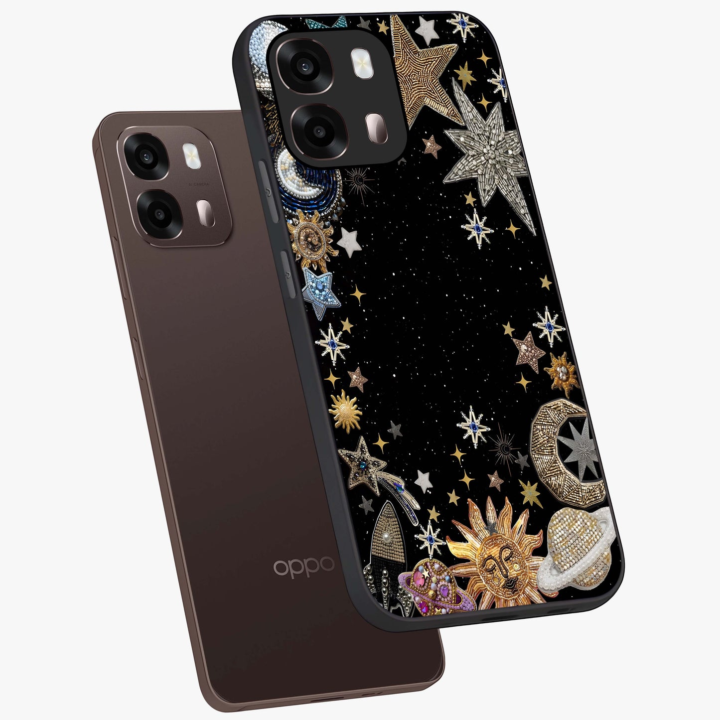Galactic Jewel Stars Glass Case displayed in angled mockup highlighting shining celestial star design with cosmic aesthetic style.