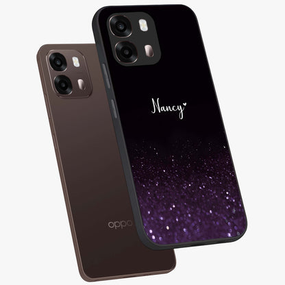 Glittery Purple Bokeh Custom Name Glass Case displayed in angled mockup highlighting glitter bokeh pattern with custom name feature.