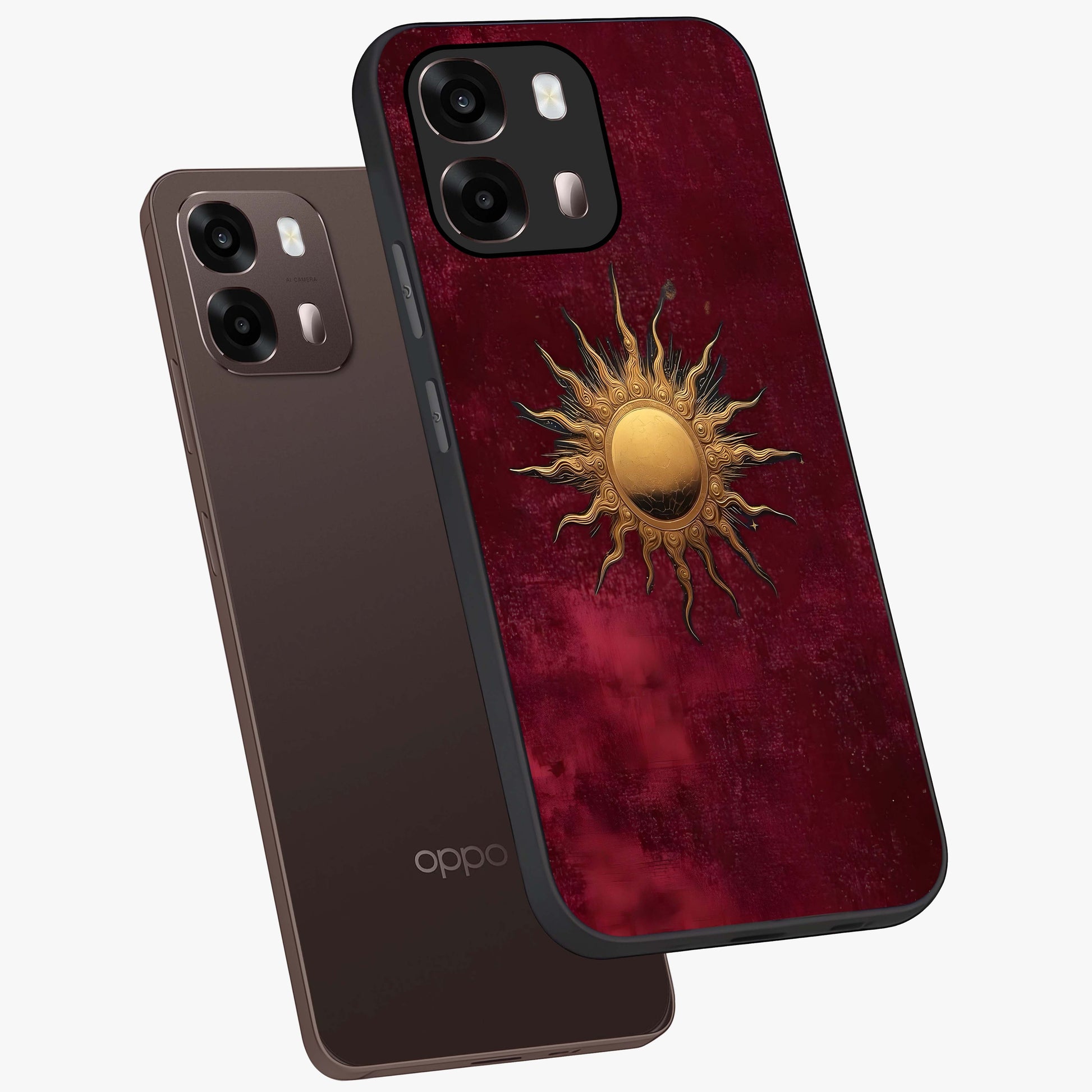 Golden Sun Minimalism Glass Case displayed in angled mockup highlighting clean sun symbol design with modern minimal aesthetic.
