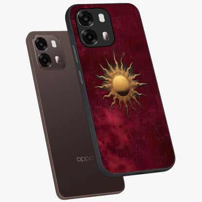 Golden Sun Minimalism Glass Case displayed in angled mockup highlighting clean sun symbol design with modern minimal aesthetic.