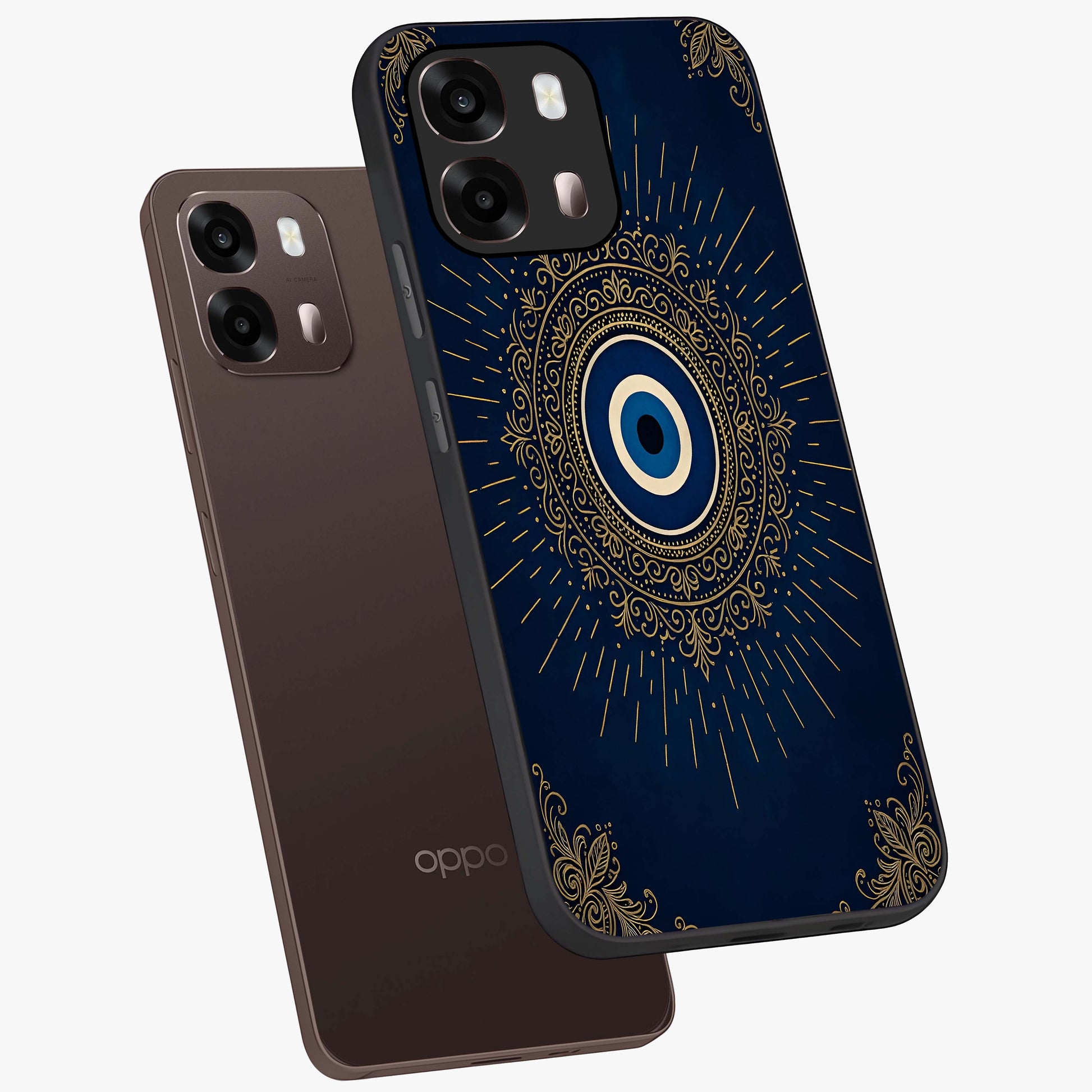 Golden Celestial Charm Glass Case displayed in angled mockup highlighting sparkling cosmic charm design with celestial aesthetic.