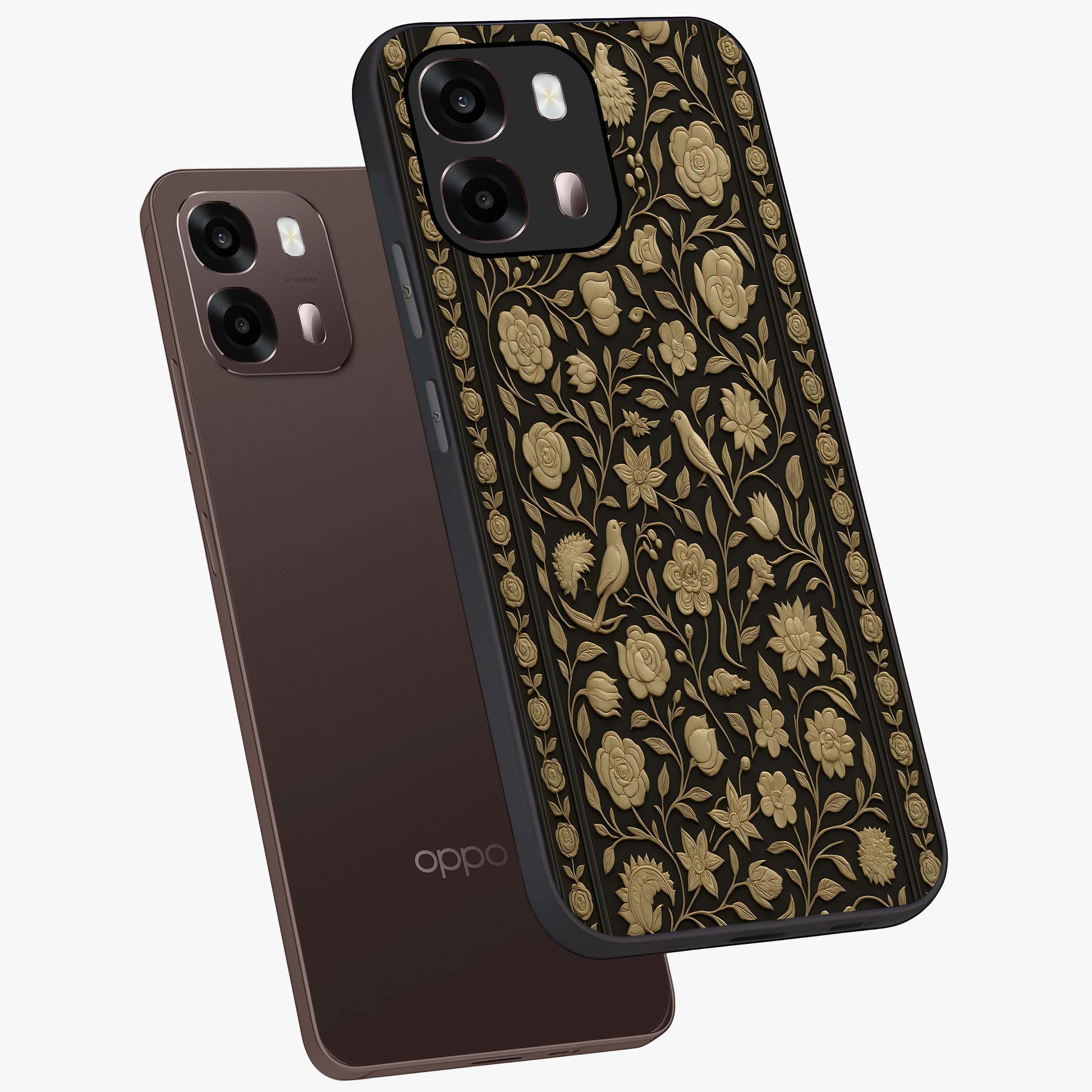 Golden Evil Eye Mandala Glass Case displayed in angled mockup highlighting protective evil eye symbol with golden mandala design.