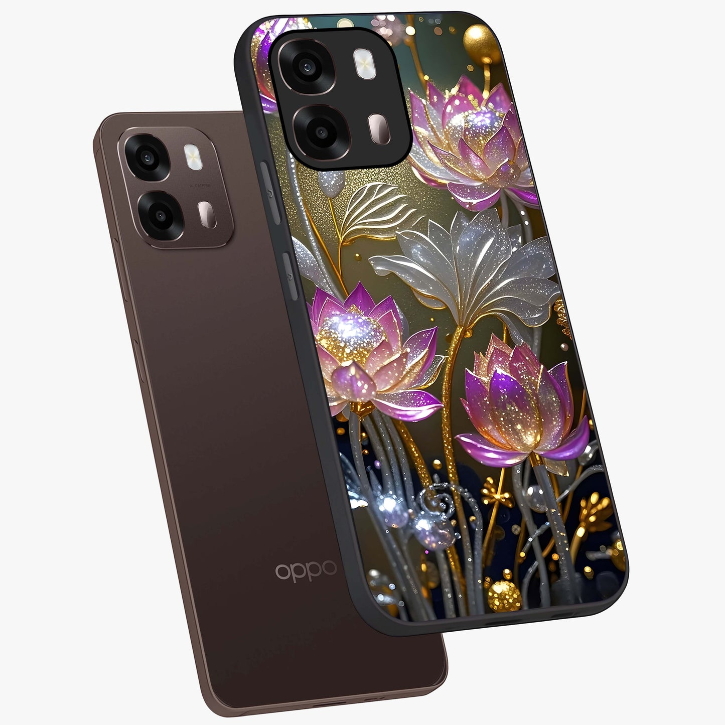 Golden Floral Majesty Glass Case displayed in angled mockup highlighting elegant flower design with royal golden aesthetic.