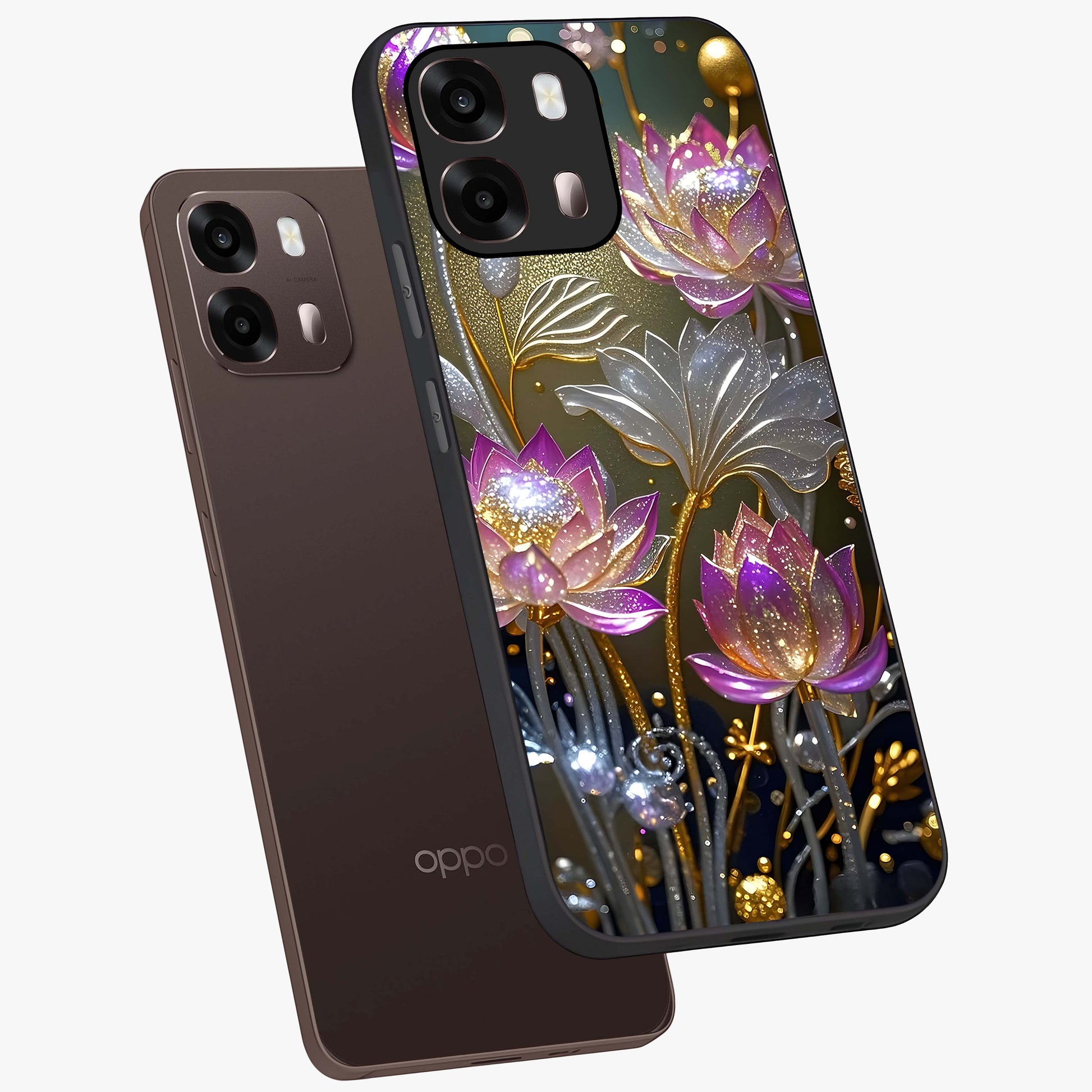 Golden Floral Majesty Glass Case displayed in angled mockup highlighting elegant flower design with royal golden aesthetic.
