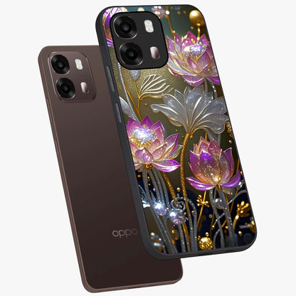 Golden Floral Majesty Glass Case displayed in angled mockup highlighting elegant flower design with royal golden aesthetic.