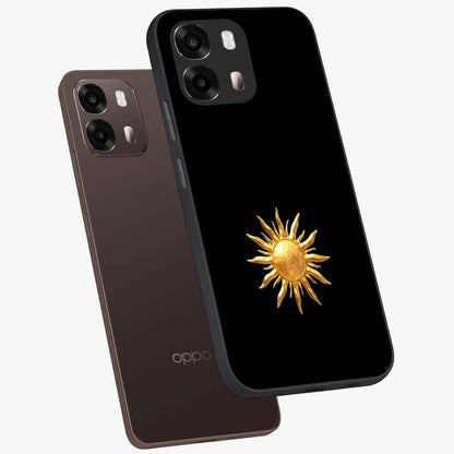 Golden Sun Minimalism Glass Case displayed in angled mockup highlighting eerie shadow illustration with gothic aesthetic.