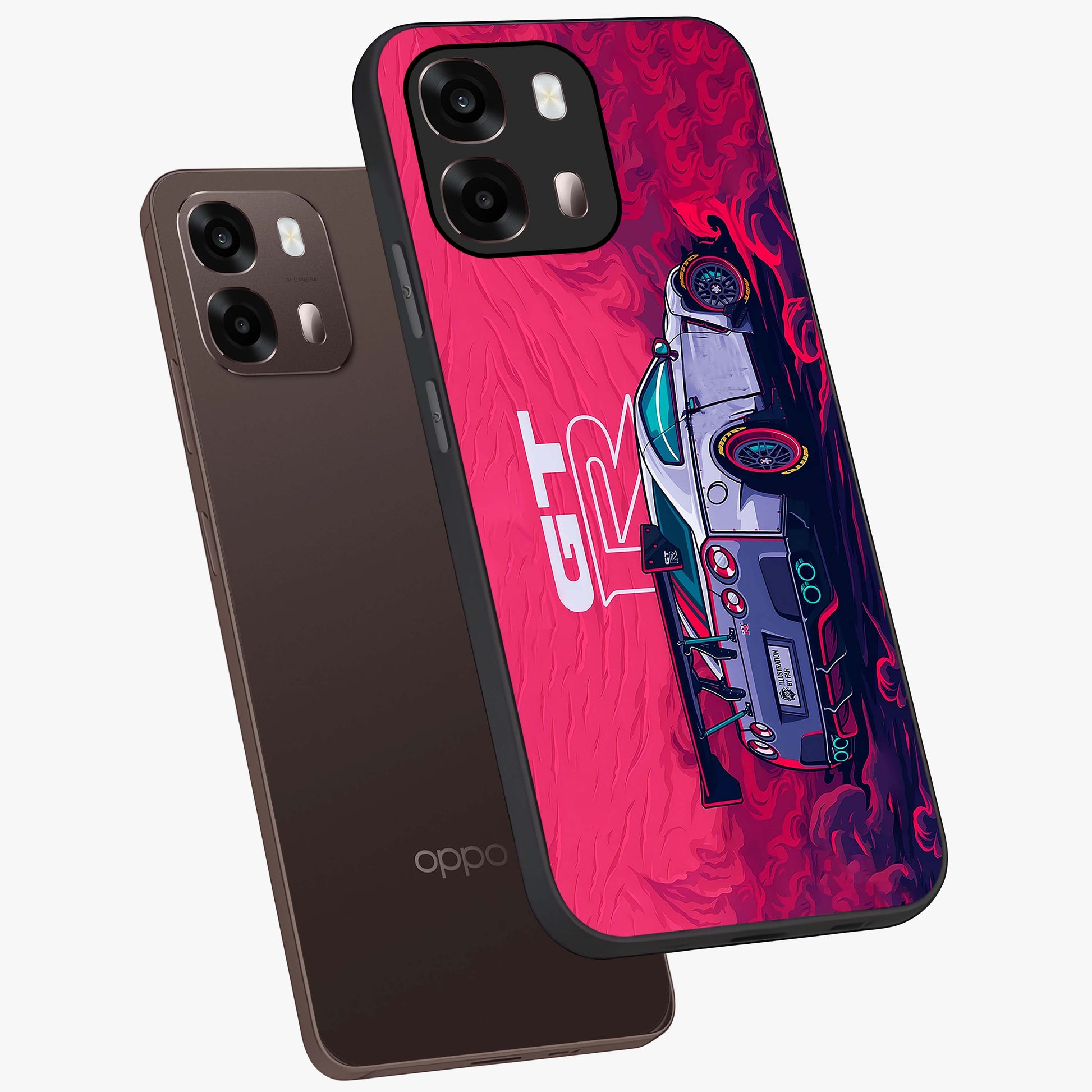GT-R Car Pattern Glass Case displayed in angled mockup highlighting racing car graphic design with bold automotive aesthetic.