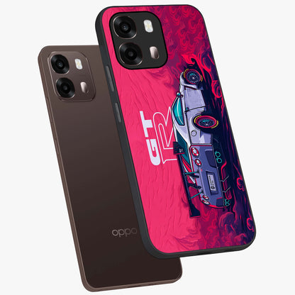 GT-R Car Pattern Glass Case displayed in angled mockup highlighting racing car graphic design with bold automotive aesthetic.