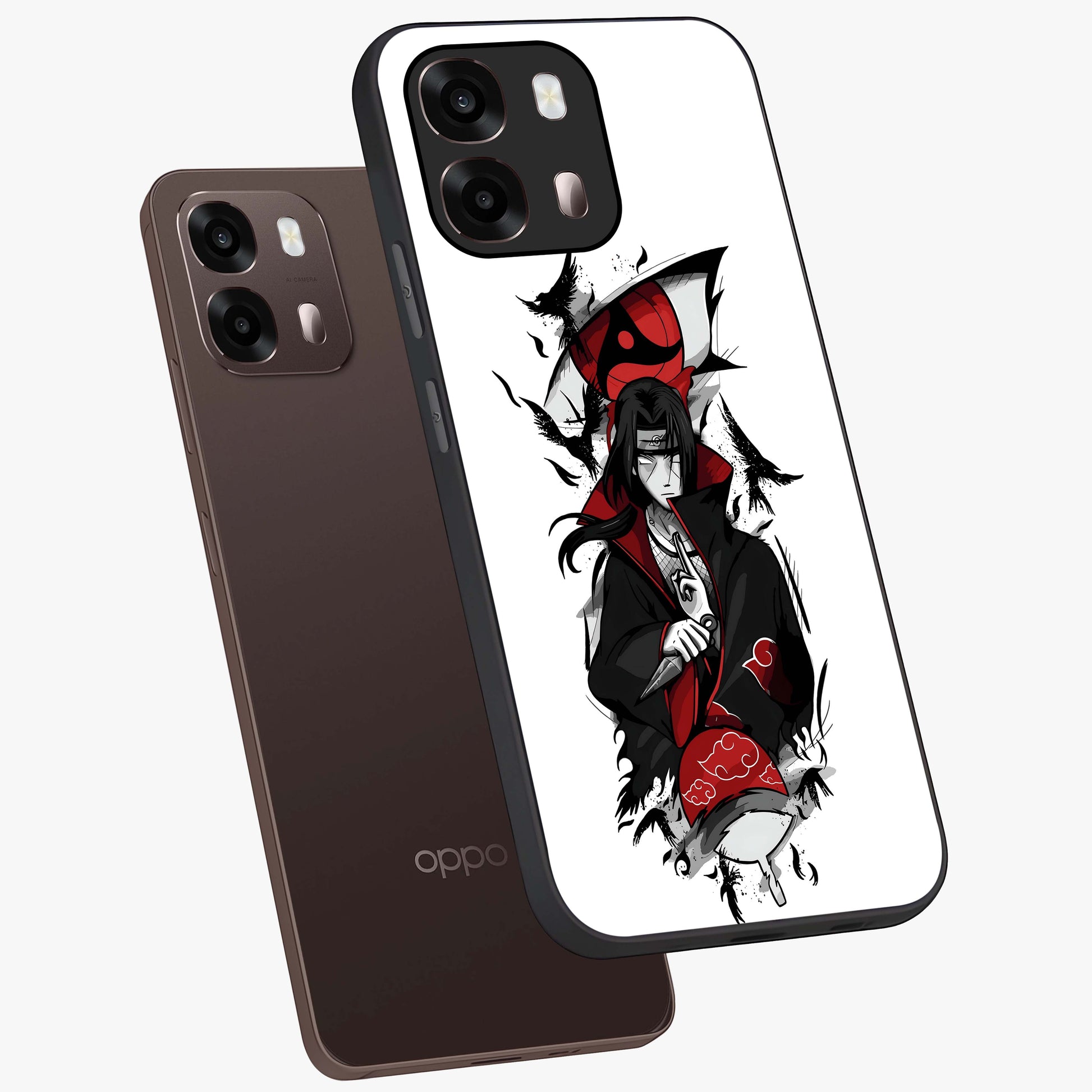 Itachi Limited Edition Naruto Anime Glass Case displayed in angled mockup highlighting dramatic anime illustration with bold action aesthetic.
