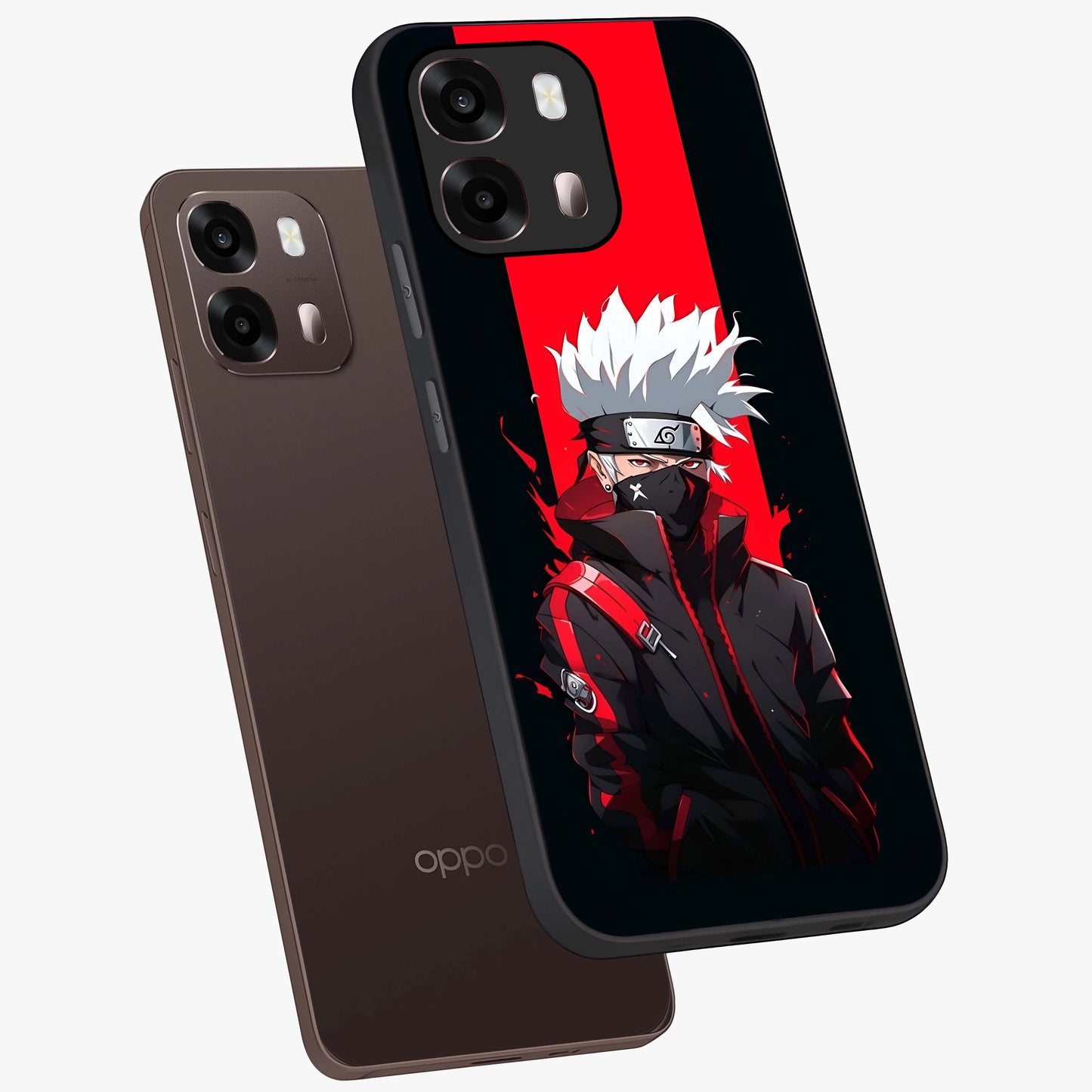 Kakashi Scarlet Shadow Glass Case displayed in angled mockup highlighting dramatic ninja illustration with scarlet themed aesthetic.