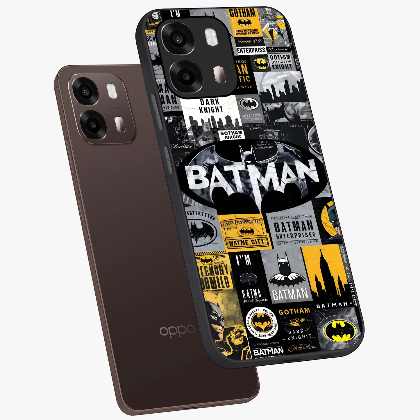 Knight Gotham Rise Glass Case displayed in angled mockup highlighting powerful knight silhouette design with dramatic aesthetic.