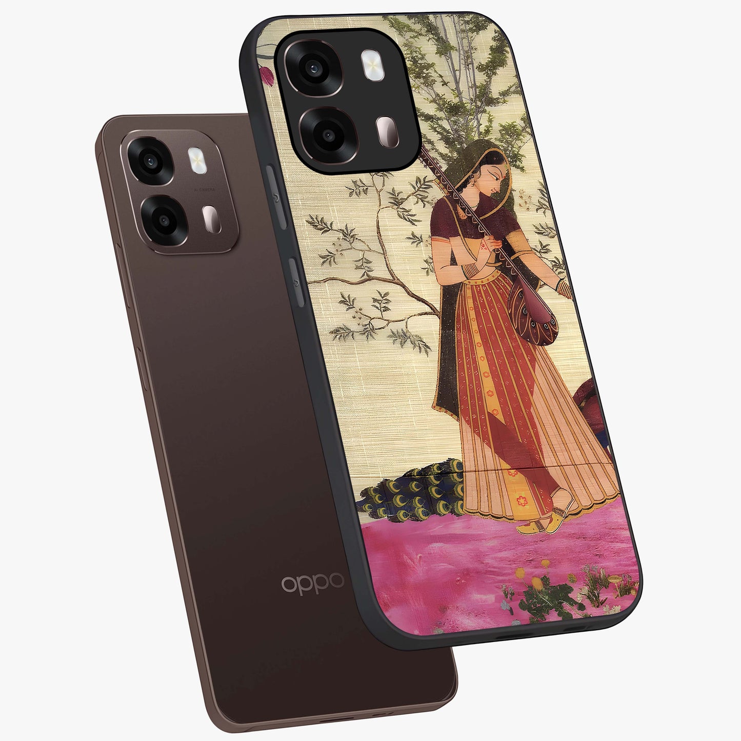 Lady With Veena Art Glass Case displayed in angled mockup highlighting graceful musical illustration with cultural artistic aesthetic.