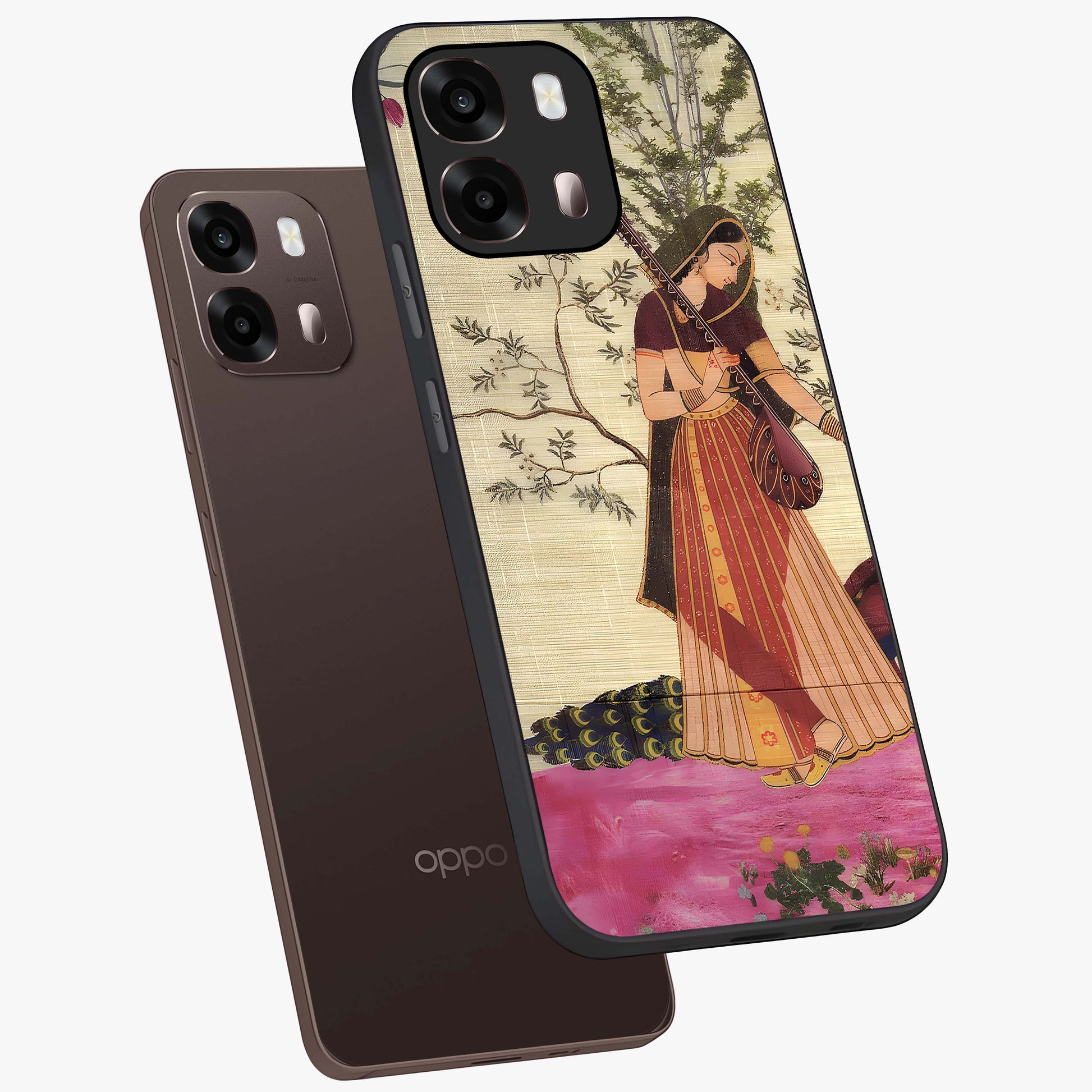 Lady With Veena Art Glass Case displayed in angled mockup highlighting graceful musical illustration with cultural artistic aesthetic.