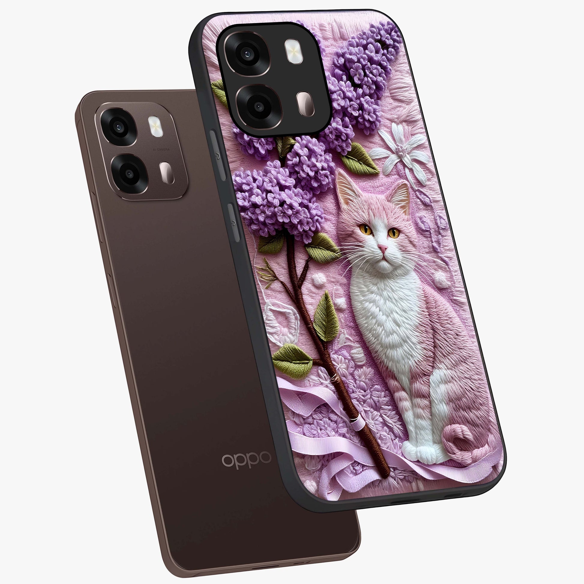 Lavender Cat Whimsy Glass Case displayed in angled mockup highlighting playful feline illustration with pastel lavender aesthetic.