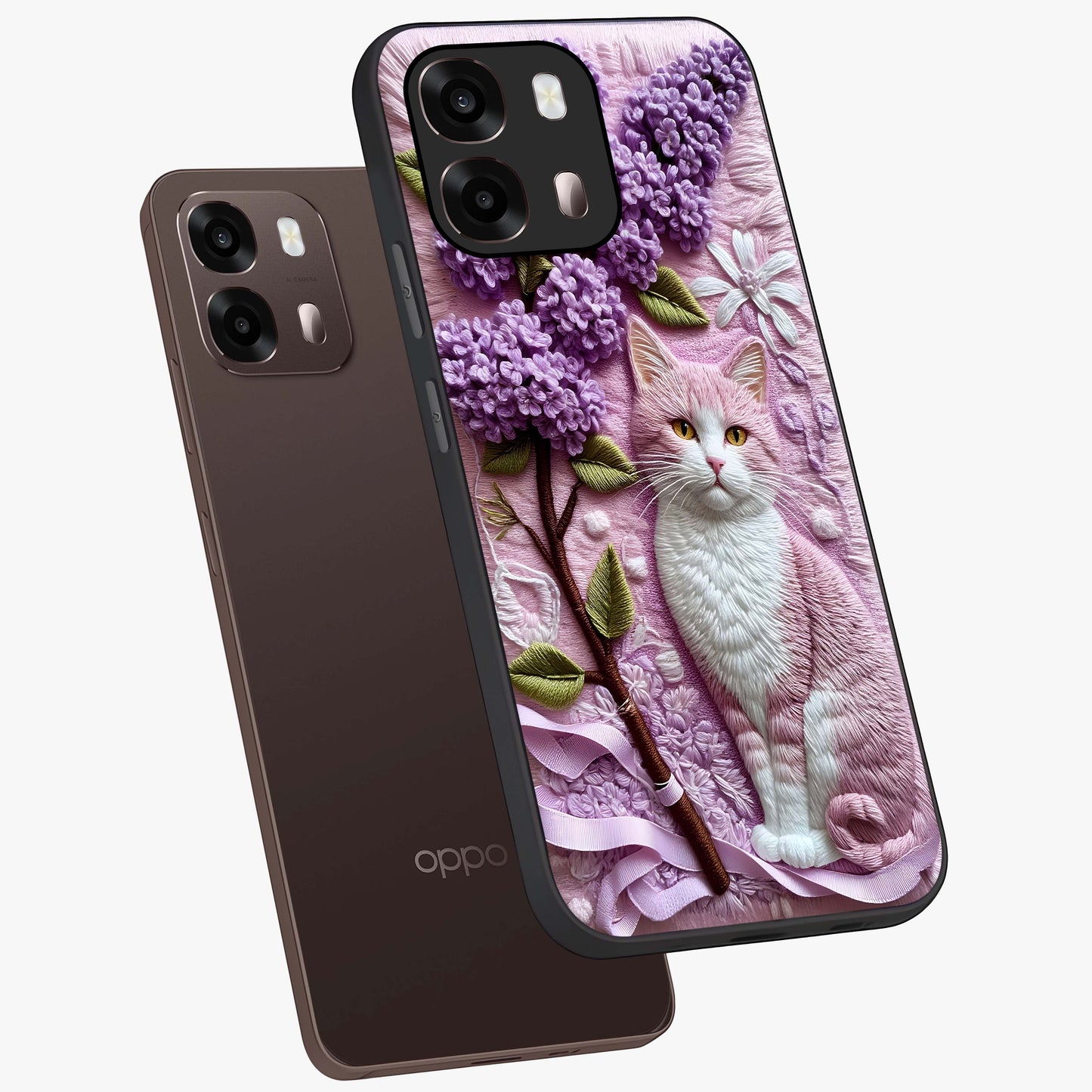 Lavender Cat Whimsy Glass Case displayed in angled mockup highlighting playful feline illustration with pastel lavender aesthetic.