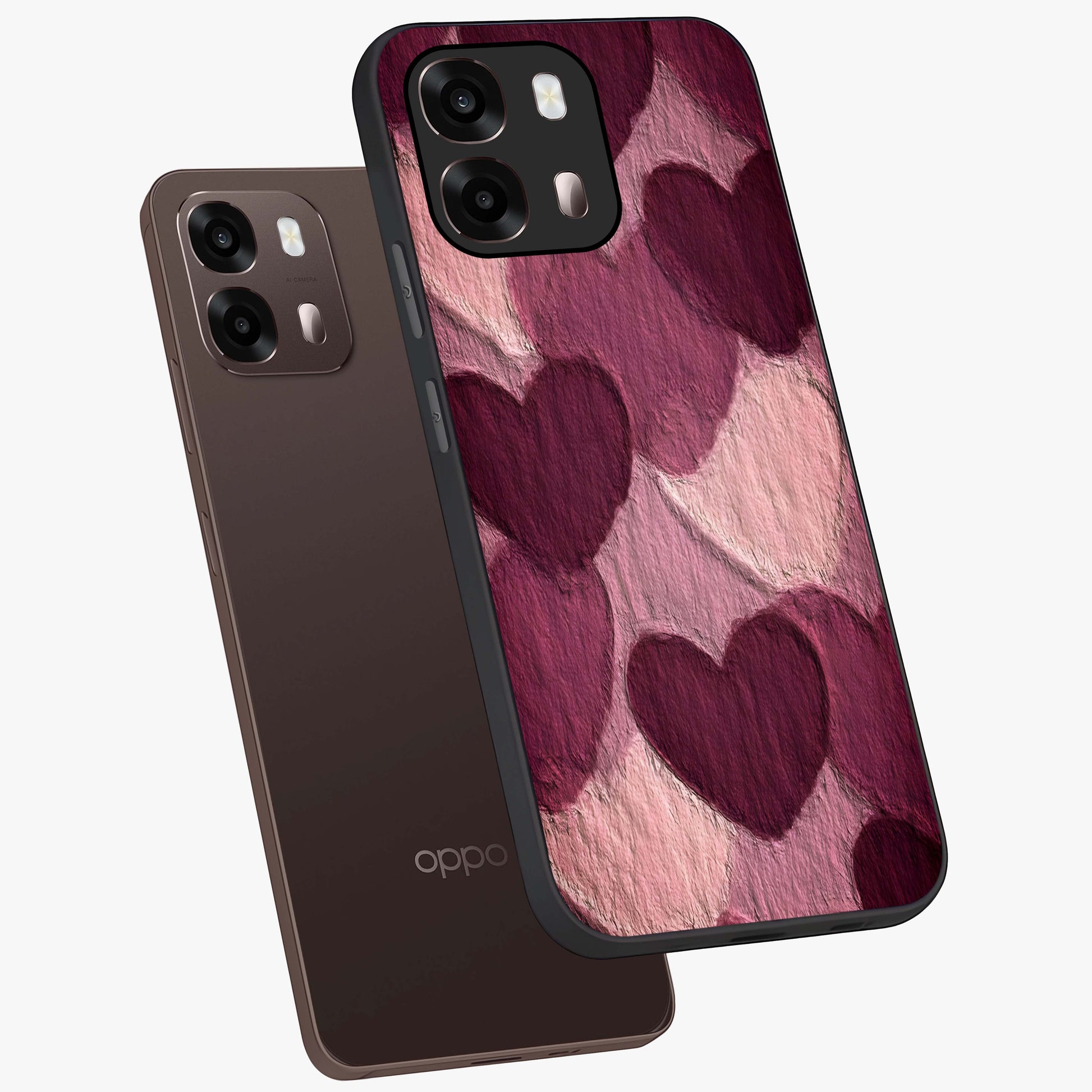 Layered Paper Hearts Glass Case displayed in angled mockup highlighting creative paper craft heart design with romantic aesthetic.