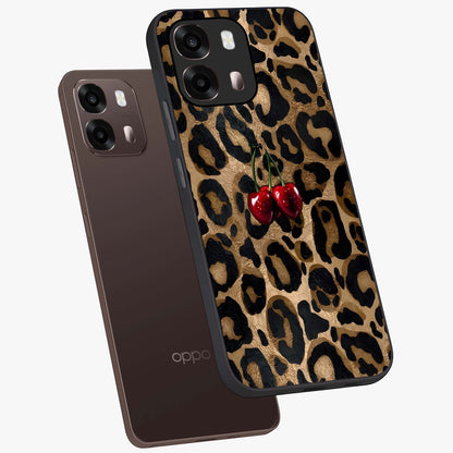 Leopard Wild Cherry Glass Case displayed in angled mockup highlighting bold animal print design with playful cherry aesthetic.