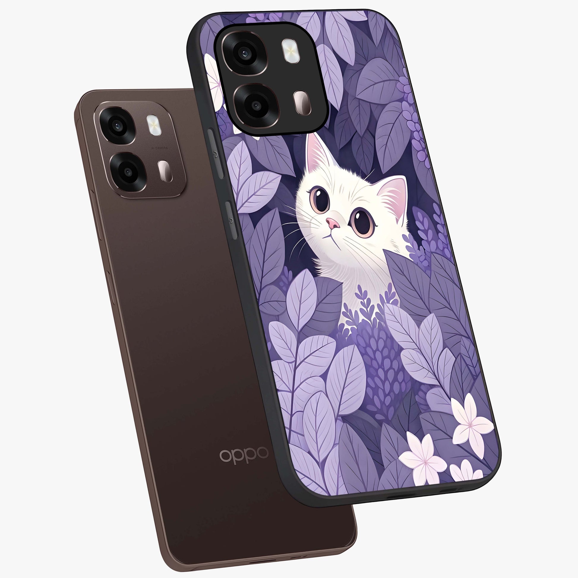 Lilac Hide Peek Cat Glass Case displayed in angled mockup highlighting playful feline illustration with lilac aesthetic design.