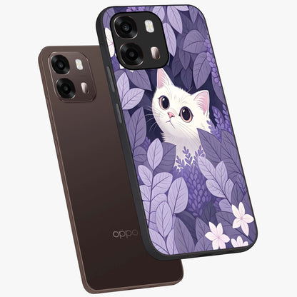Lilac Hide Peek Cat Glass Case displayed in angled mockup highlighting playful feline illustration with lilac aesthetic design.