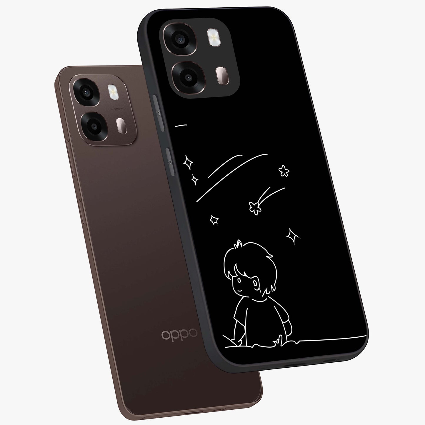 Line Art Boy With Shooting Stars Glass Case displayed in angled mockup highlighting elegant line art design with dreamy star aesthetic.