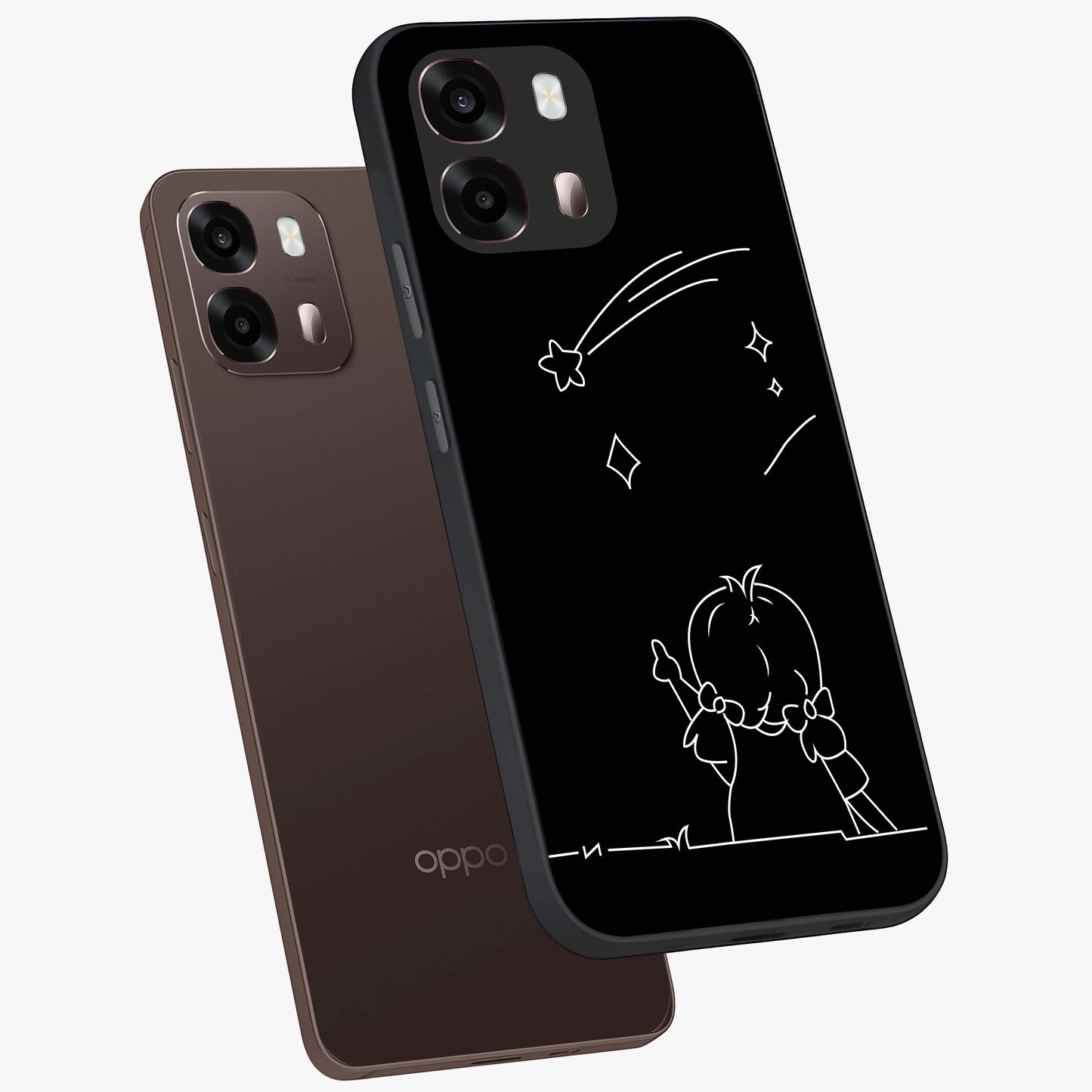 Line Art Girl With Shooting Stars Glass Case displayed in angled mockup highlighting elegant line art design with dreamy star aesthetic.