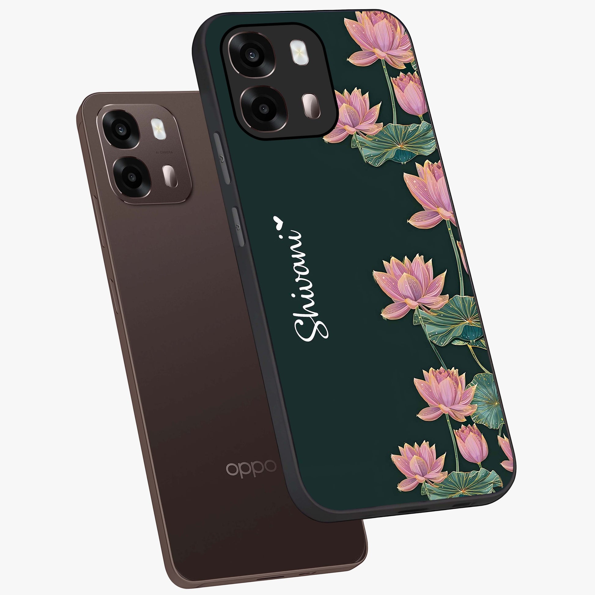 Lotus Bloom Serenity Custom Name Glass Case displayed in angled mockup highlighting graceful lotus illustration with custom name feature.