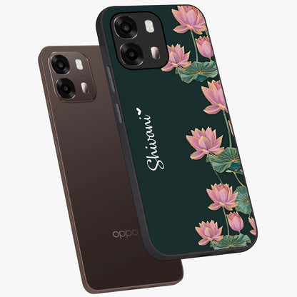 Lotus Bloom Serenity Custom Name Glass Case displayed in angled mockup highlighting graceful lotus illustration with custom name feature.