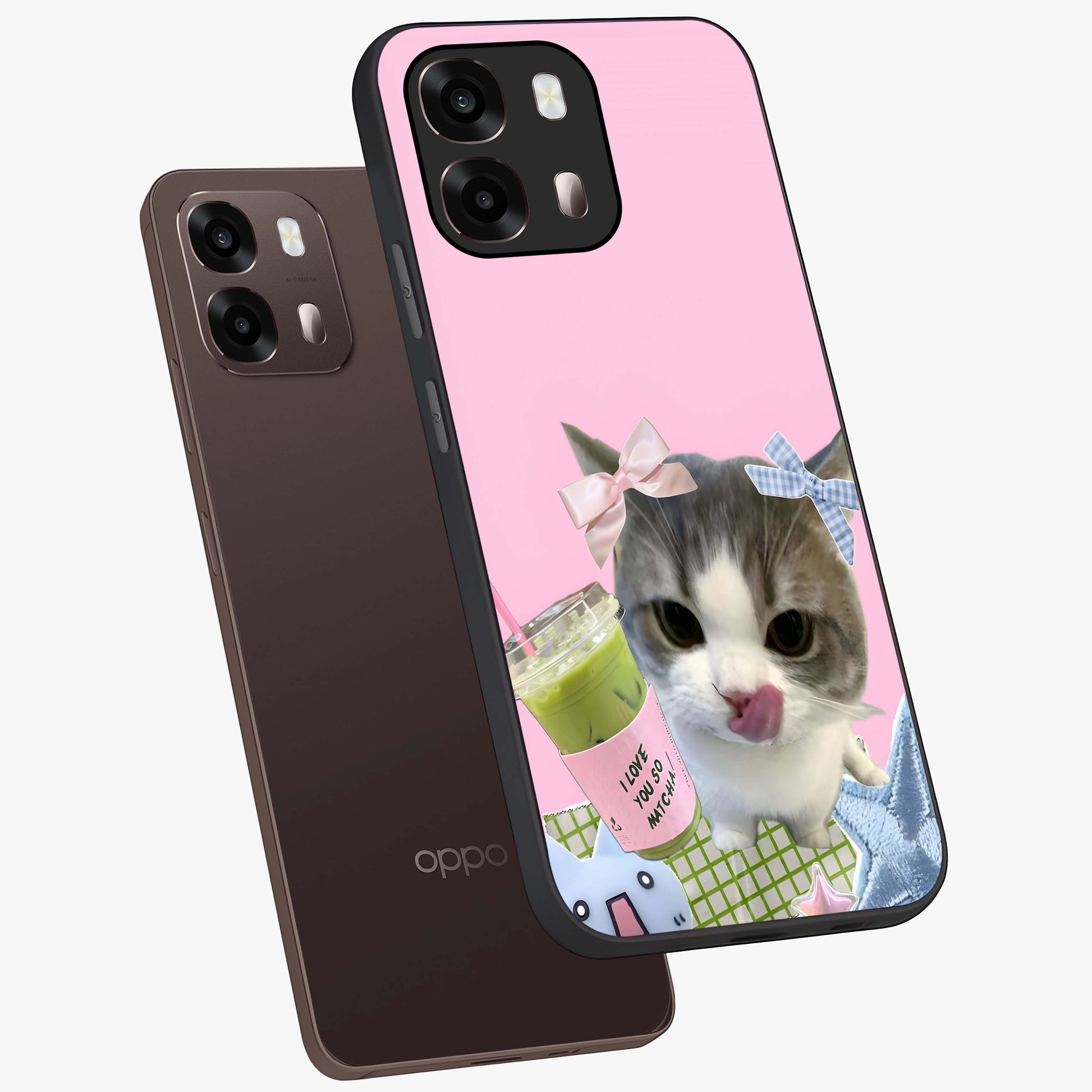 Love Matcha Cat Glass Case displayed in angled mockup highlighting playful feline illustration with cozy matcha aesthetic.