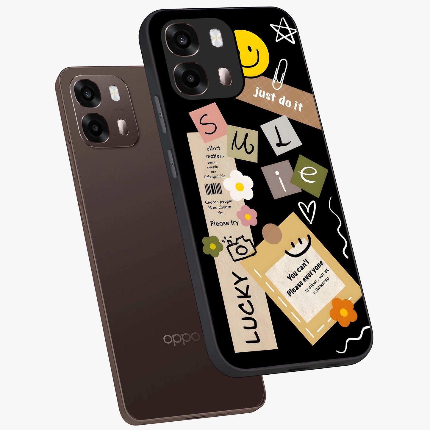 Lucky Aesthetic Collage Glass Case displayed in angled mockup highlighting stylish collage pattern with modern aesthetic vibe.