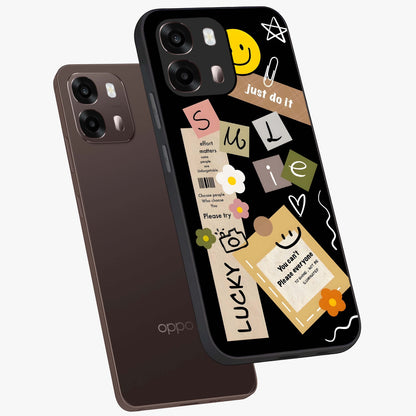 Lucky Aesthetic Collage Glass Case displayed in angled mockup highlighting stylish collage pattern with modern aesthetic vibe.