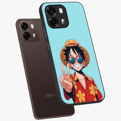 Luffy Summer Anime Vibe Glass Case displayed in angled mockup highlighting energetic anime illustration with summer vibe aesthetic.